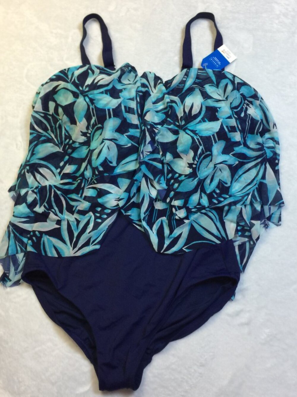 New! Land's End One Piece Swimsuit 18W Plus Blue Floral Mesh Layer Wireless